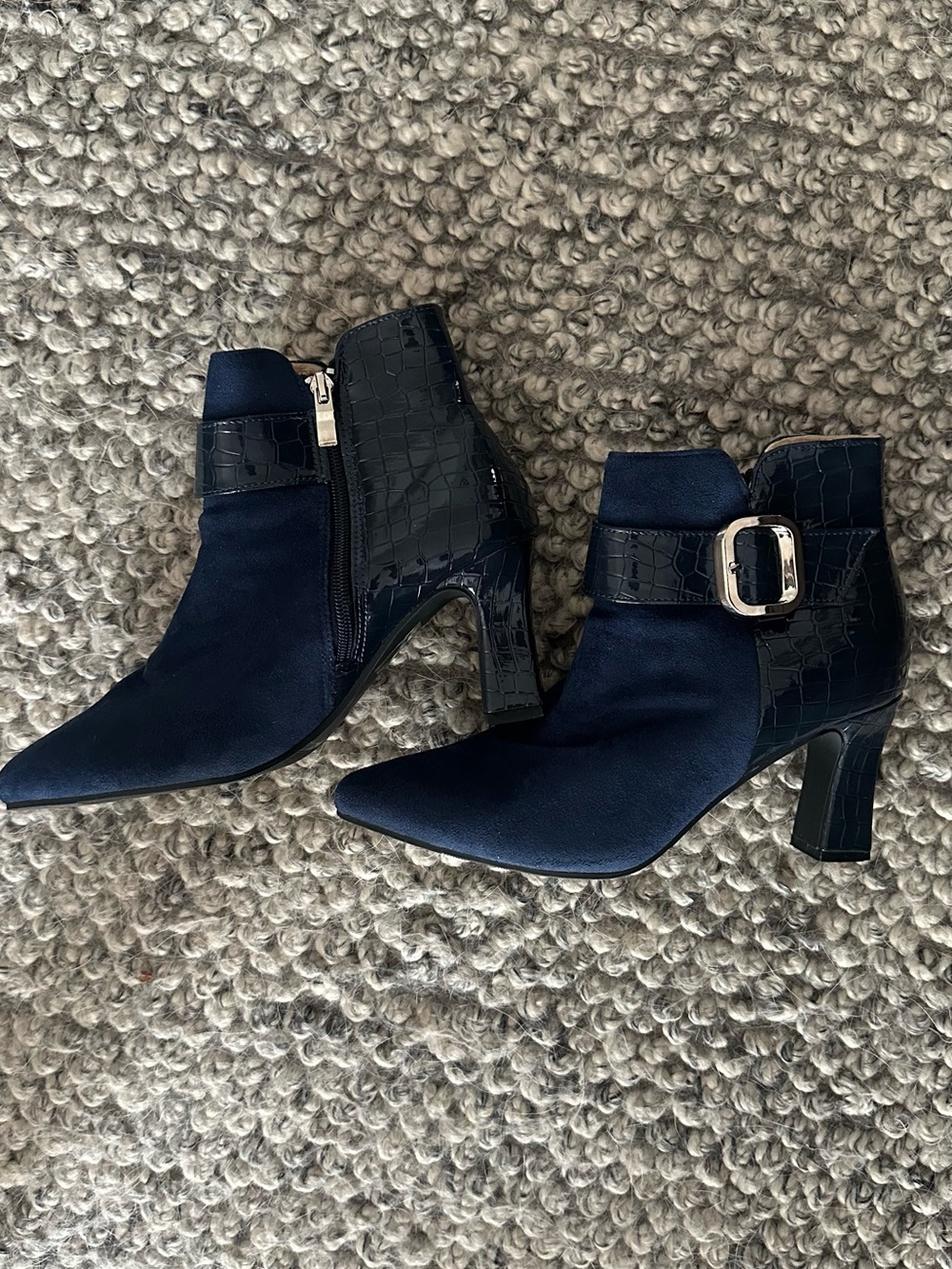 Navy Pointed-Toe Buckle Ankle Boots - Women